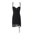 Women Sweet Wood Ears Mesh Sling Dress Drawstring Hem Package Hip Bodycon Mini Dresses Summer Robe