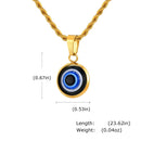 Gold necklace with a round pendant featuring an eye design, shown with measurements on a white background, Obroi