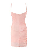Women Sweet Pink Mesh Strap Mini Dress French Square Collar Sexy Slim Backless Chic Dresses