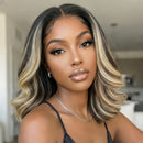 7x5 Lace Black With Blonde Highlights Face-framing Layers Wavy Bob Human Hair Wig