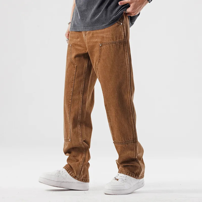 Brown Jeans for Mens Spring and Summer Straight Pocket Decorative Pants