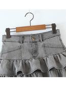 Denim Mini Skirt Women's Autumn Vintage Cute Sexy Girl Kawaii Slim High Waist Layered Ruffle Short Skirt Female