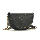 Black half-moon bag with gold studs and chain strap on a white background, Obroi