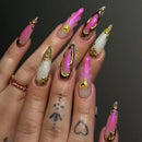 24PCS Almond False Nail Pink Gradient Stiletto Nail Art for Women with Golden French Press on Nail Wearable Manicure Tip