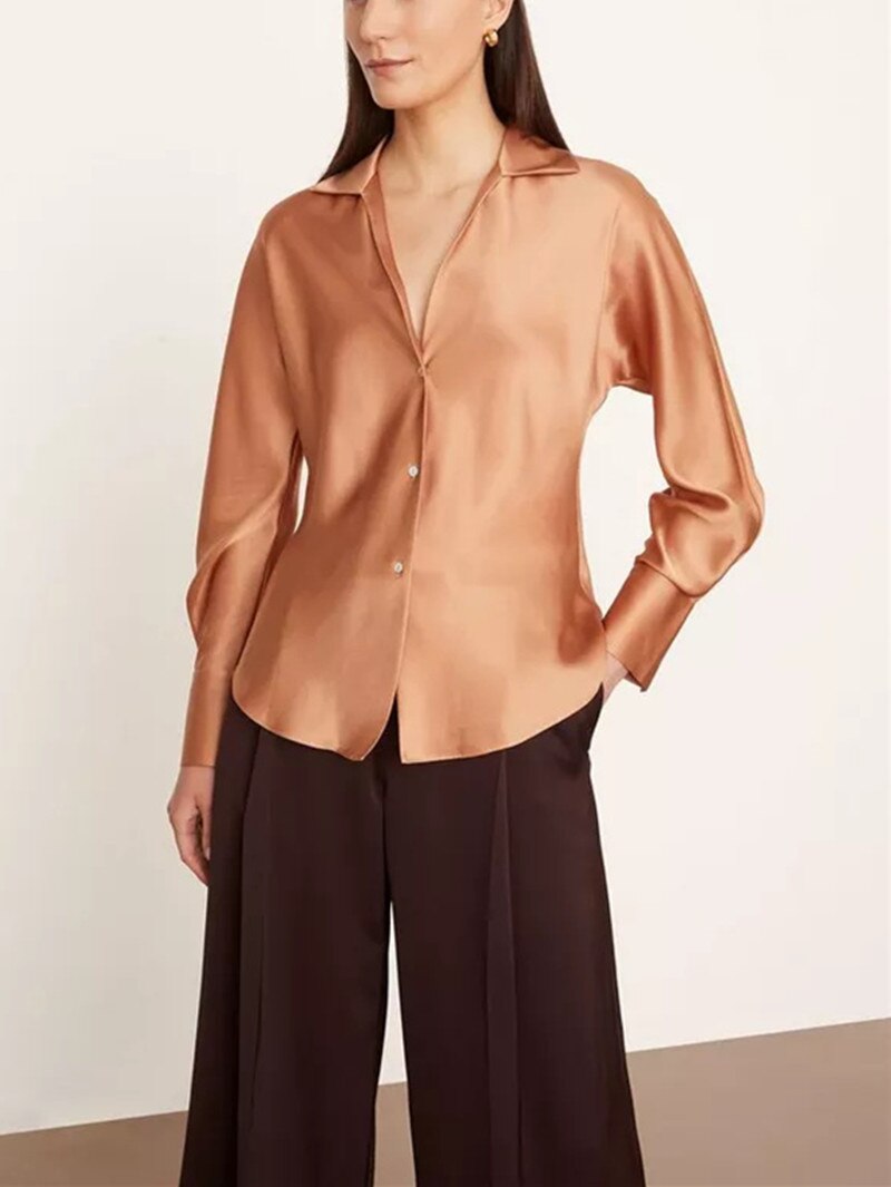 Elegant Ladies Solid Color Silk Satin Shirt Spring New Women Lantern Sleeves Single-Breasted Turn-Down Collar Blouse