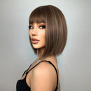 Brown Highlight Short Straight Hair Wig Bob Wigs With Bangs for Women