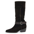 Leather Western Boots Pointed Toe Buckle Block Heels Winter Knee High Boots Handmade Ladies Shoes