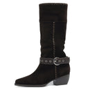 Leather Western Boots Pointed Toe Buckle Block Heels Winter Knee High Boots Handmade Ladies Shoes