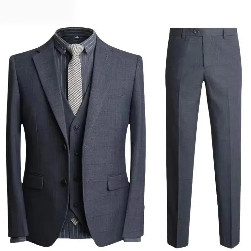 Obroi Gray suit with jacket, vest, and pants on a white background