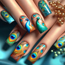 Press on Nails with Peacock Ballet False Nails with Glue Stripe Floral Nail Press on Acrylic Nail Tips