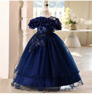 Elegant Girl Party Dress Flower Appliques Wedding Bridesmaid Mesh Evening Ball Gown for Kids Children