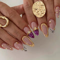 24pcs Grain French False Nails Gold Foil Shiny Rhinestone Decor Press On Nails Light Luxury Autumn Fake Nail