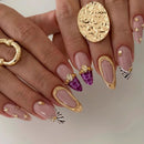 24pcs Grain French False Nails Gold Foil Shiny Rhinestone Decor Press On Nails Light Luxury Autumn Fake Nail