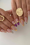 24pcs Grain French False Nails Gold Foil Shiny Rhinestone Decor Press On Nails Light Luxury Autumn Fake Nail