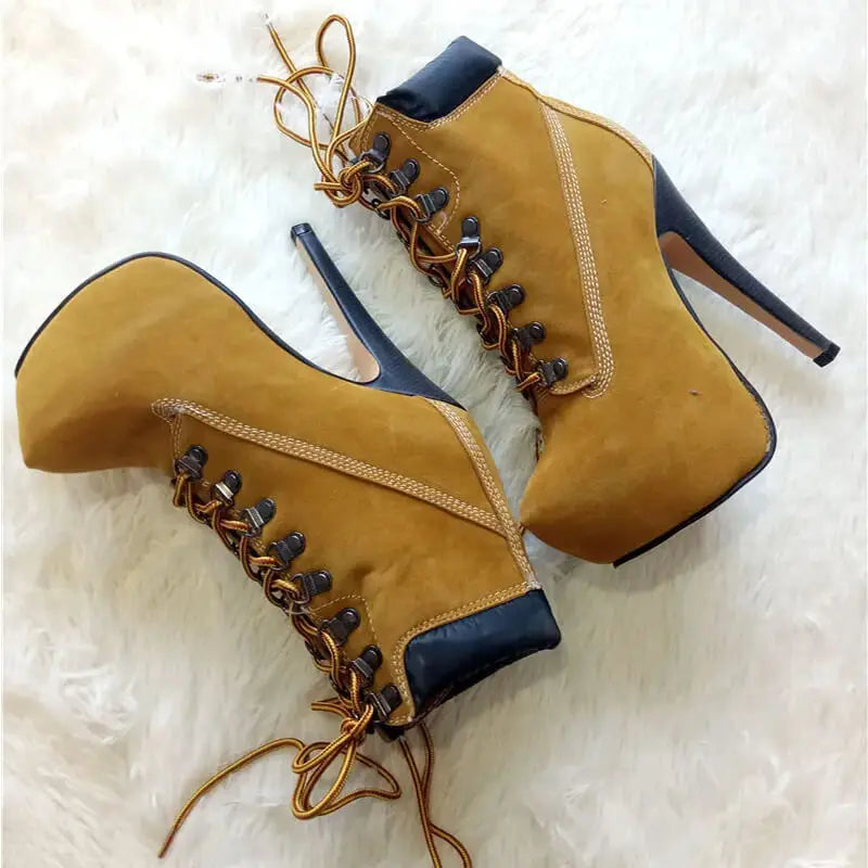 Women Lace-Up Ankle Boots Shoes 16cm High Thin Heel 4cm Platform Heels Boots