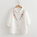 Girl Floral Embroidery Cotton Yarn Shirts Women Casual Loose Blouse