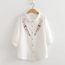 Girl Floral Embroidery Cotton Yarn Shirts Women Casual Loose Blouse