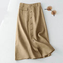 Women Elegant Cotton Skirts Autumn High Waist Casual Button A-line Midi Skirts