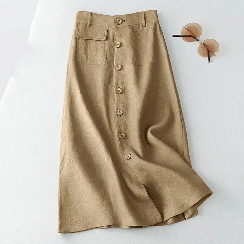 Women Elegant Cotton Skirts Autumn High Waist Casual Button A-line Midi Skirts