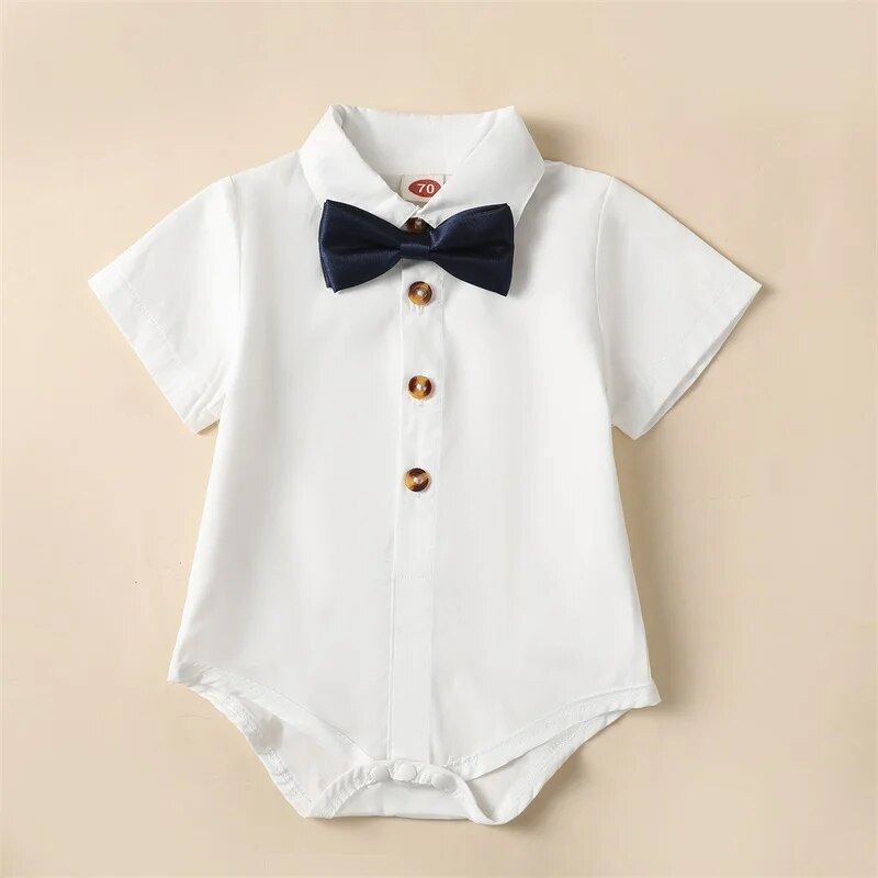 Baby Boys Gentleman Outfit Summer Solid Color Short Sleeve Romper Top and Casual Star Striped Suspender Shorts Set