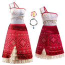 Red and white dress with patterned skirt, flower, and bracelet on a white background, Obroi