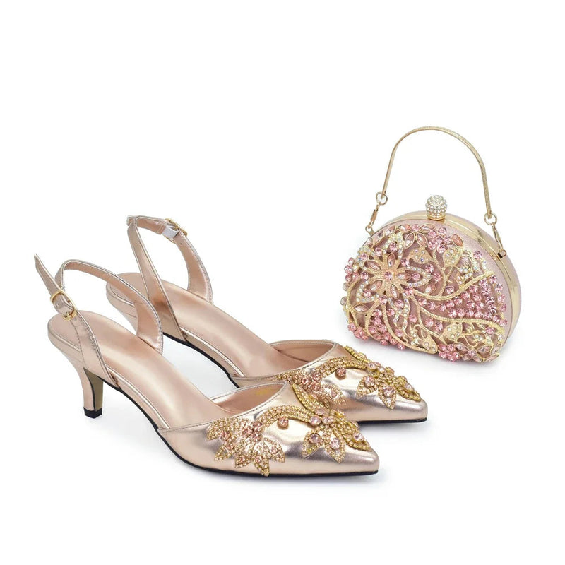 Obroi Pair of embellished shoes with a matching handbag on a white background