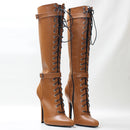 Heel Pointed Toe Lace Up Knee High Boot  Vegan Bondage Corsets Shoes
