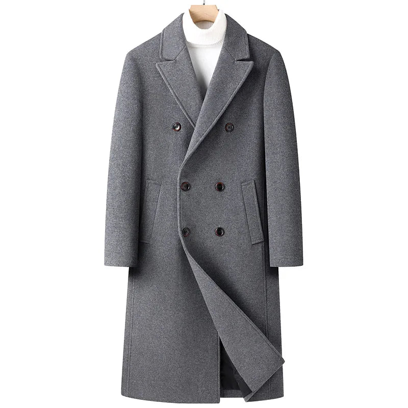 Mens Wool Blend Trench Coat Autumn Winter Double Breasted Long Pea Coat Casual Notched Lapel Classic Overcoat Man