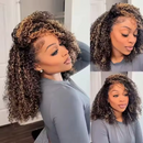 A three-panel collage showing a woman modeling a voluminous curly wig. The main panel on the left shows her in profile with the full length of the hair, and the two smaller panels on the right show close-up views of the hair texture and part styling, Obroi