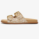 Women's Woven Slide Sandals With Double Gold Buckles Flat Slippers Summer Beach Shoes