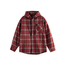 Plaid Hooded Shirt Jacket Mid-Length Relaxed Fit Casual Outerwear for Spring/Autumn