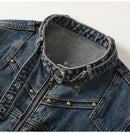 Men Rivet Denim Jacket Casual Biker Coat Stand Collar Gradient Color Retro Outerwear