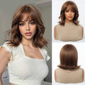 Short Wavy Wigs With Bangs For Women Natural Brown Hair Wig