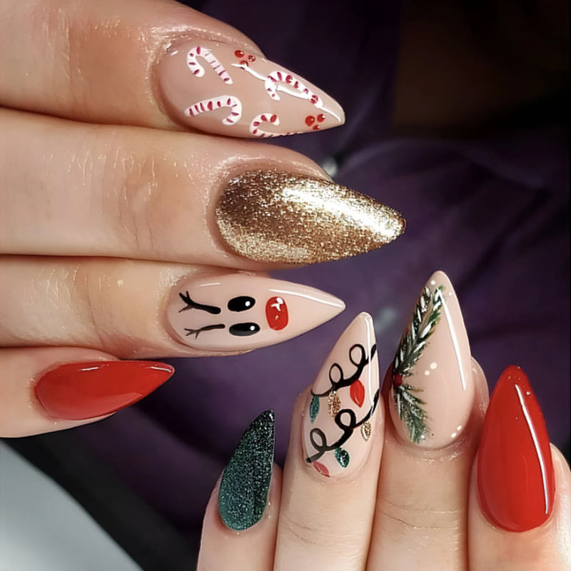 24pcs Christmas Hat Fake Nails Almond French Press on Nails Wearable Resuable False Nail Tips Manicure Christmas Gift for Girl