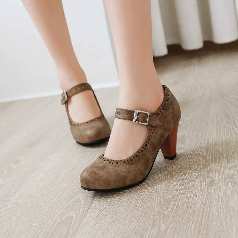 Women's Leather Perforated Oxfords Brogue Shoes for Vintage Hollow Spike Heel Pumps