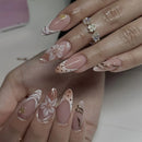 Brown Cat's Eye Full Cover Nail Tip Golden Flower Smudge Press on Nails Almond Reusable False Nails