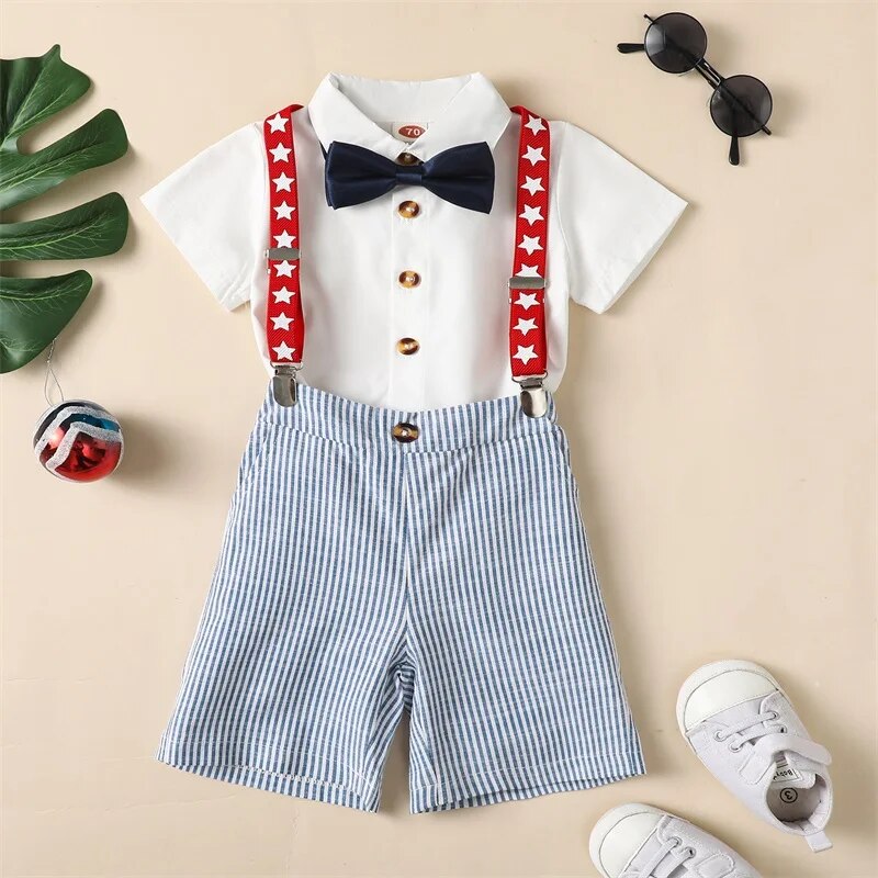 Baby Boys Gentleman Outfit Summer Solid Color Short Sleeve Romper Top and Casual Star Striped Suspender Shorts Set