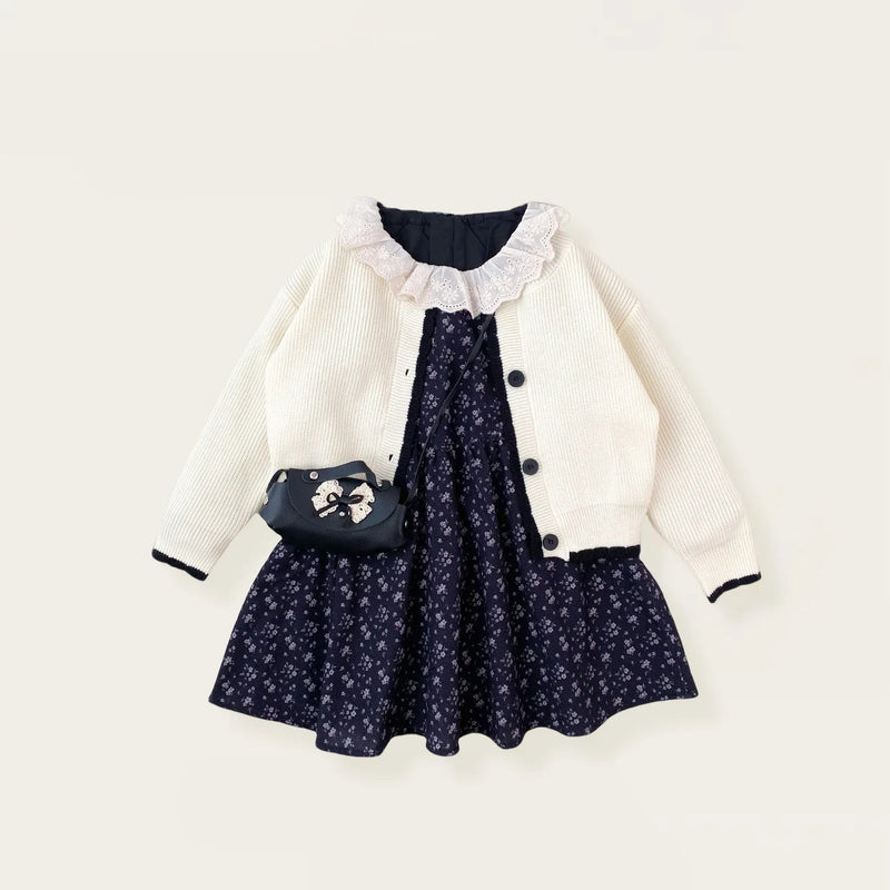 Girls Set Autumn and Winter Knitted Cardigan Floral Dress for Baby Girls Two Piece Set