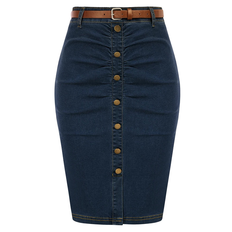 Women Jean Skirt With Belt High Waist Ruched Front Bodycon Skirt