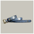 Blue leather belt with brass buckle on a light gray background, Obroi