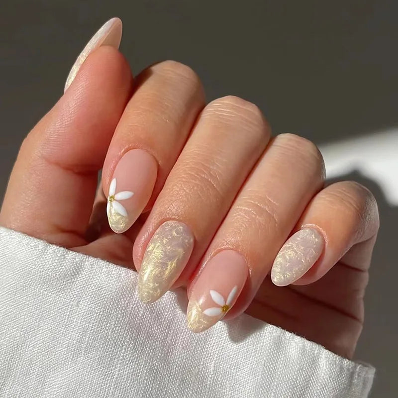 24pcs Cat Eye Press on Nails Finished Flower Design Full Cover Almond False Nail