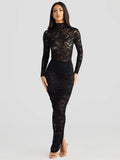 Women Turtleneck Long Sleeve T-shirt And Floral Maxi Skirt Matching Sets Club Party Split Sets