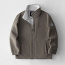 Brown jacket with a brand logo on a light gray background, Obroi