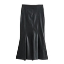 Women Pronounced Seams Black High Waist Faux Leather Midi Skirt