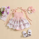 Baby Girl Romper Dress Outfit Tie-up Embroidery Flower Rompers with Bowknot Hairband