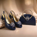 Dark Blue Platform Slingback Heels with Handbag Set Shiny Crystal Embellished Ladies Shoes Bag