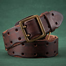Brown leather belt with brass buckle on a green background, Obroi