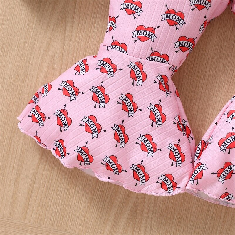 Toddler Kid Baby Girls Valentine Day Casual Jumpsuit Pink Sleeveless Heart Suspender Flared Pants Outfit