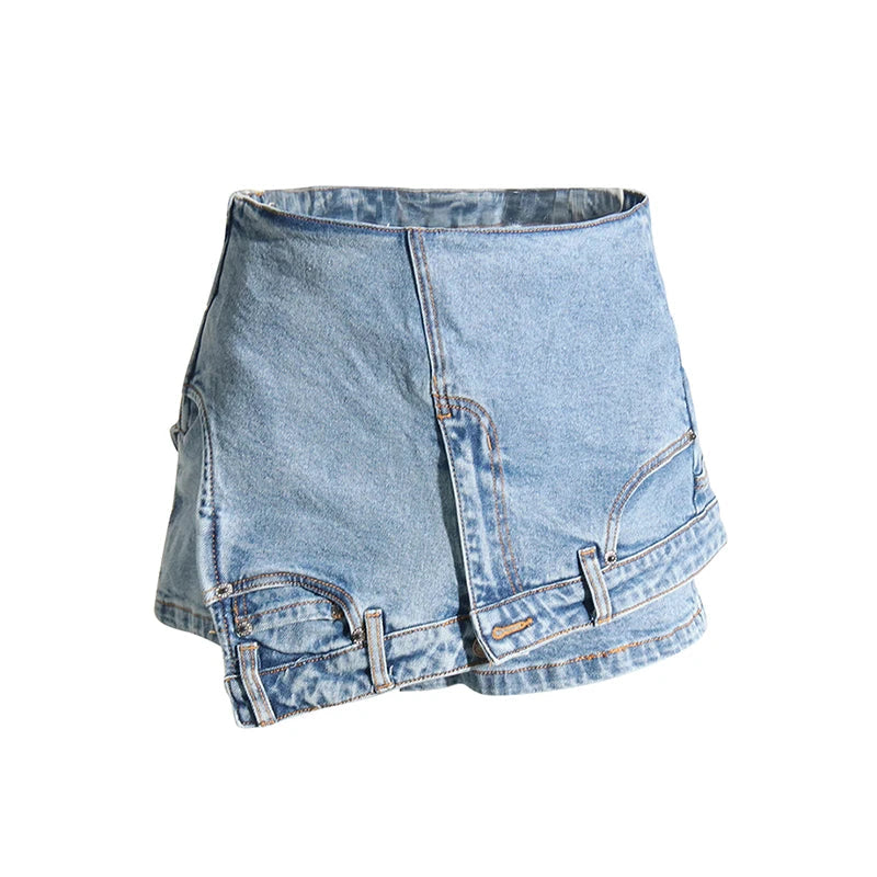 Denim Shorts Skirt for Women Spliced Pocket Streetwear Slimming Hot Pants Female
