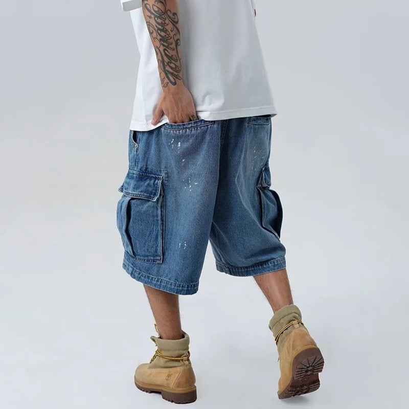 Men Denim Shorts Summer Trend High Street Loose Straight Wide-Leg Pants Men